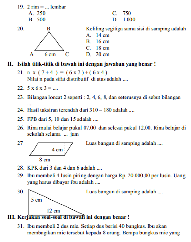 SOAL DAN KUNCI JAWABAN UAS - PAS MATEMATIKA KELAS 4 SEMESTER 1 / GASAL