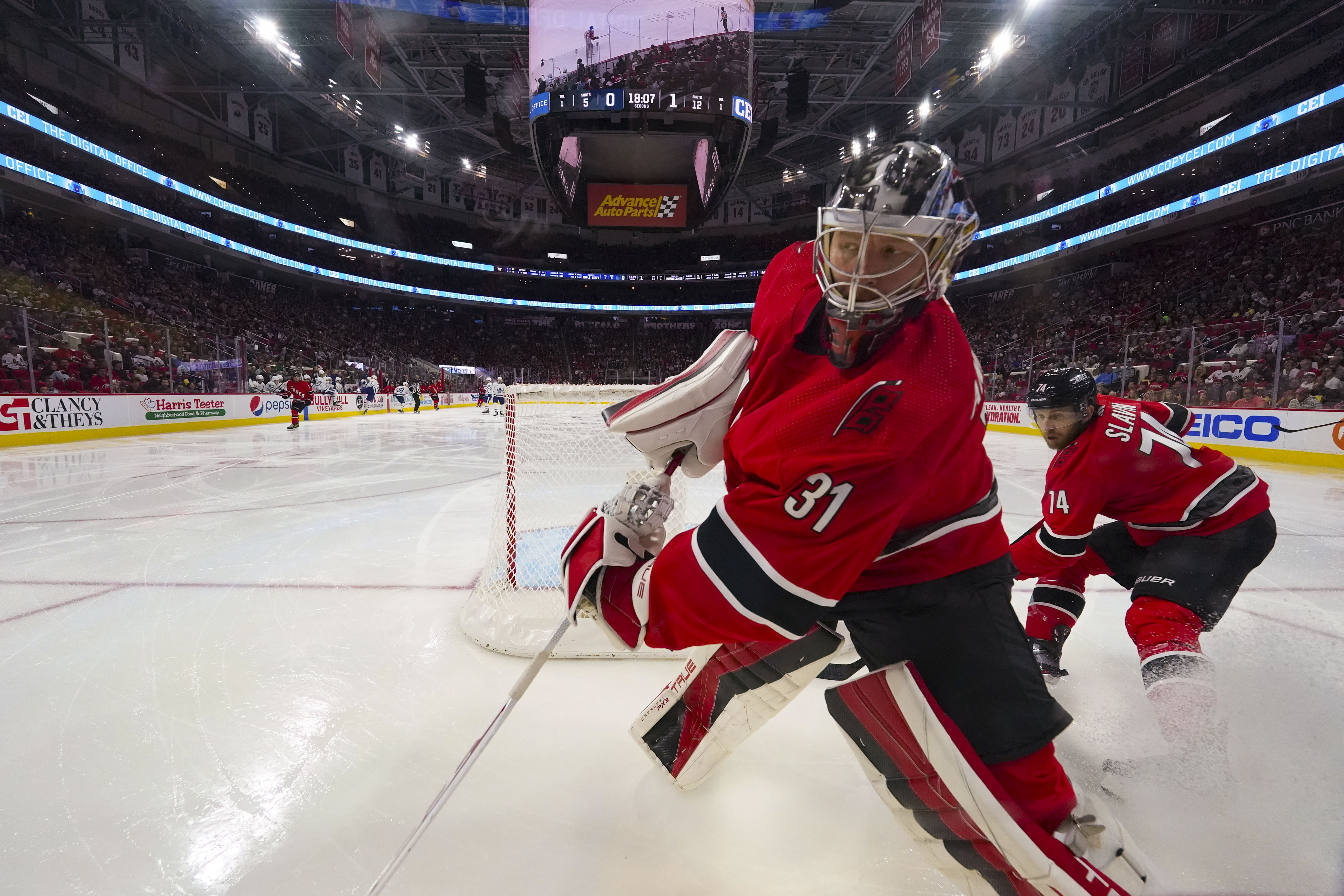 Carolina Hurricanes goaltender Frederik Andersen warms up before the start  of Game 3 of the NHL hockey Stanley Cup Eastern Conference finals against  the Florida Panthers, Monday, May 22, 2023, in Sunrise