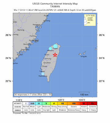 Epicentro sismo 5,6 grados en Taiwán, 07 de Marzo de 2013