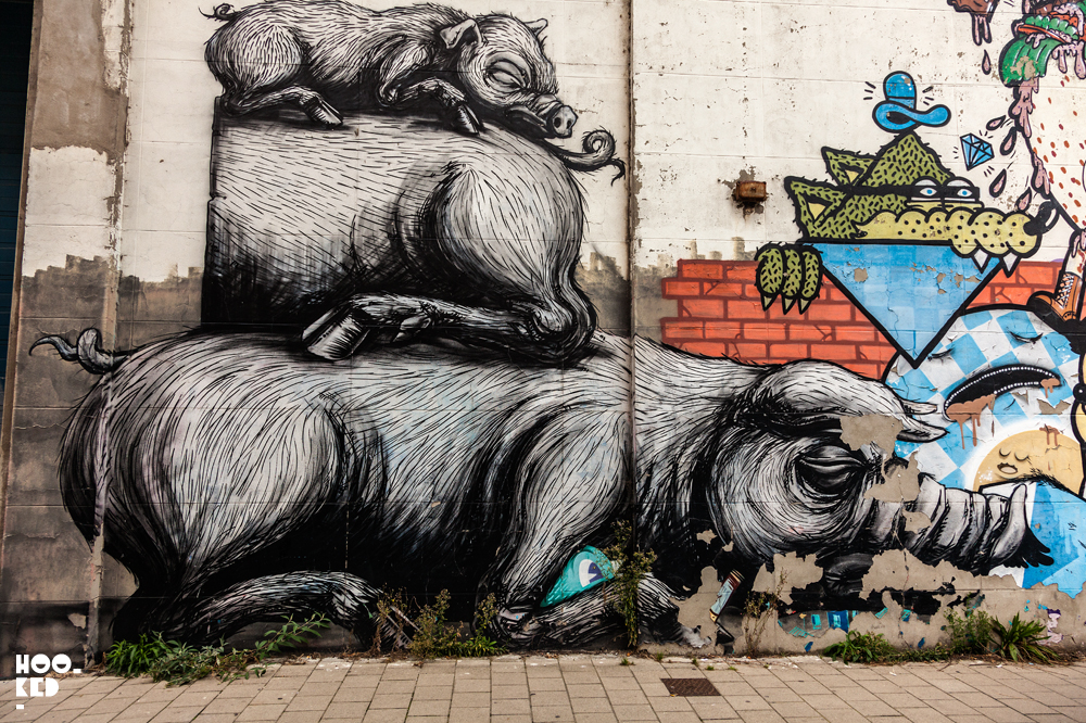 Street Art Mural in Ghent, Belgium featuring work from street artist ROA