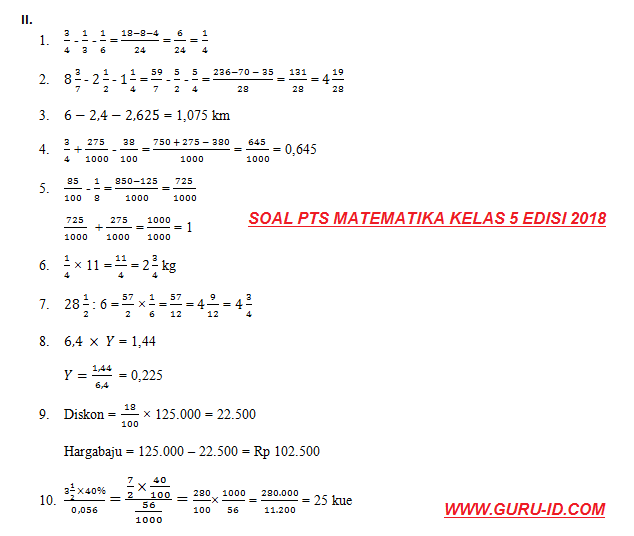 Soal Pts Matematika Kelas 5 Tahun 2018 2019 Dan Kunci Jawaban