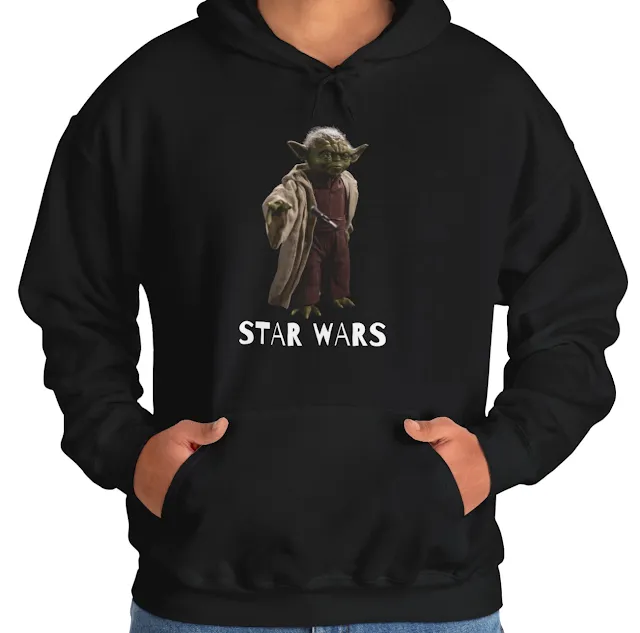 A Hoodie With Star Wars Yoda Wearing a Long Coat and Text Star Wars