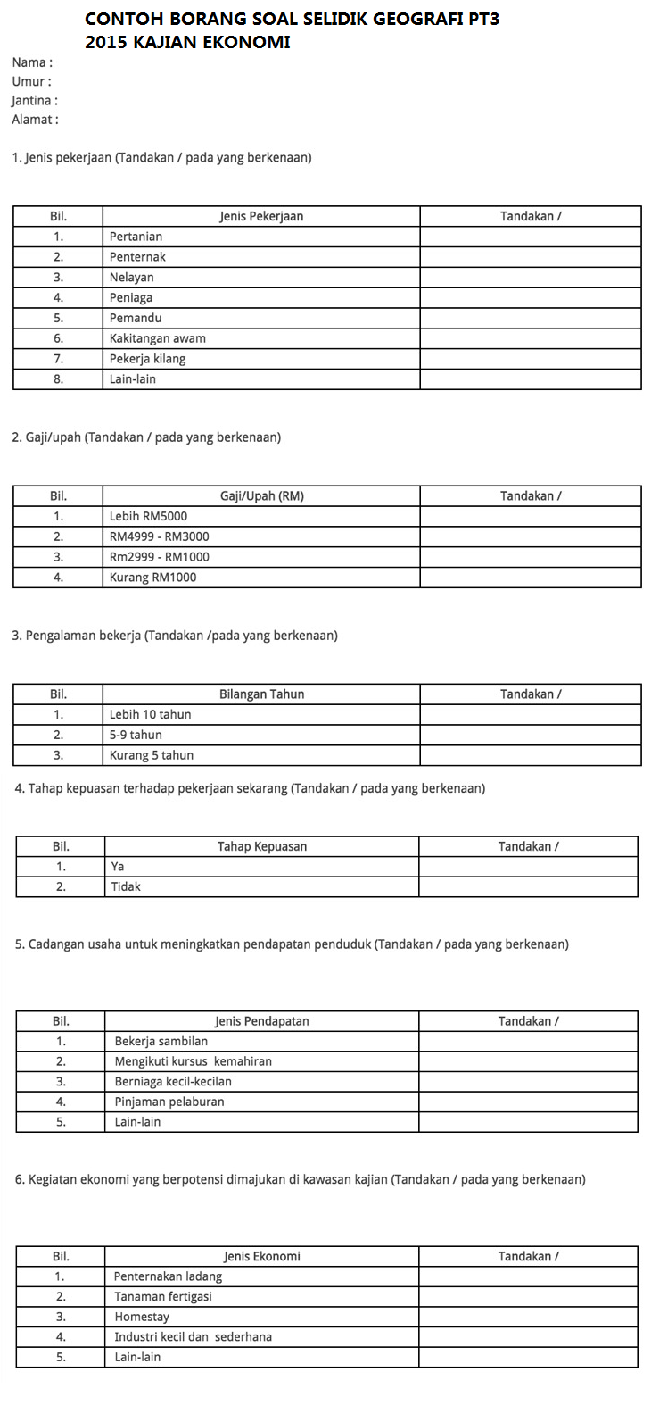 Contoh Kerja Kurus Geografi Soalan Ekonomi : Borang Soal 