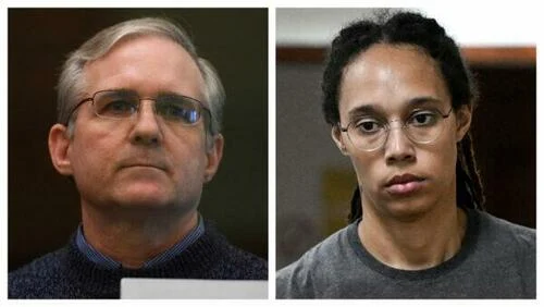 (Left) Paul Whelan, a former U.S. marine, in Moscow on June 15, 2020. (Right) Women’s National Basketball Association (WNBA) basketball player Brittney Griner at the Khimki Court, outside Moscow on Aug. 4, 2022.