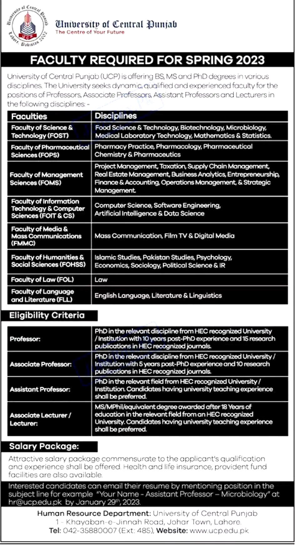 University of Central Punjab Jobs 2023