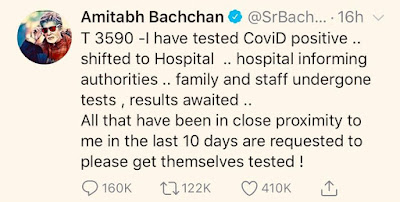 الممثل الهندي العالمي أميتاب باتشان ونجله يعلنان إصابتهما بفيروس كورونا المسنجد✍️👇👇👇