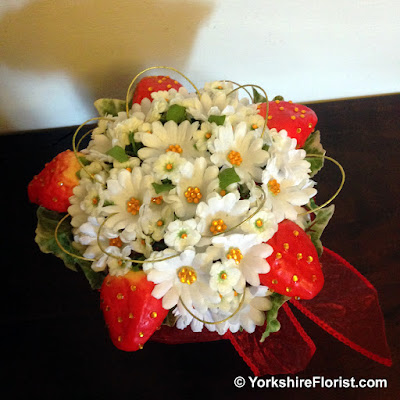  red white bridal posy bouquet with yellow crystals