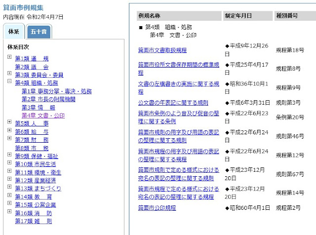 箕面市例規集のスクリーンショット