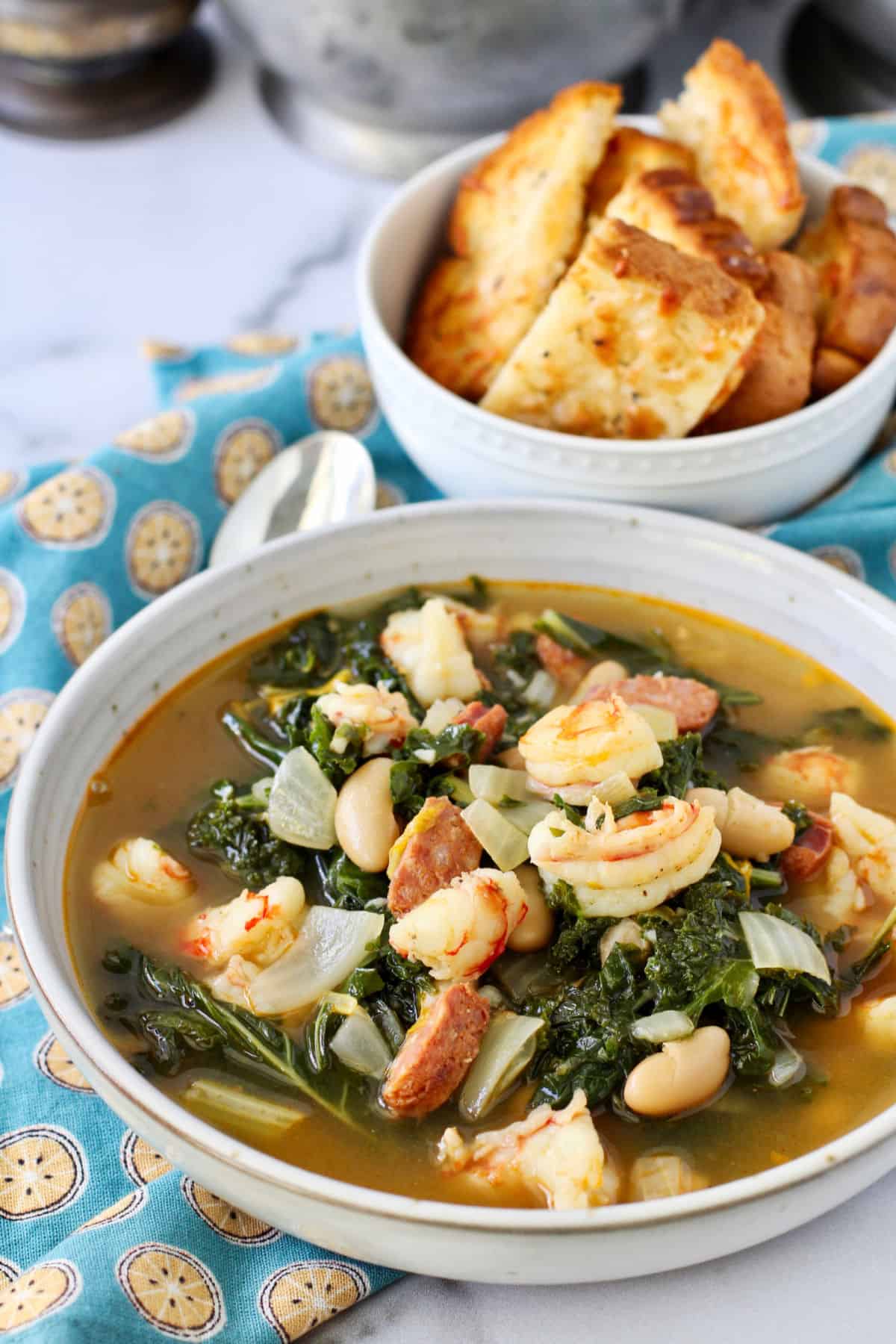 Shrimp, White Bean, and Kale Stew in a large bowl.