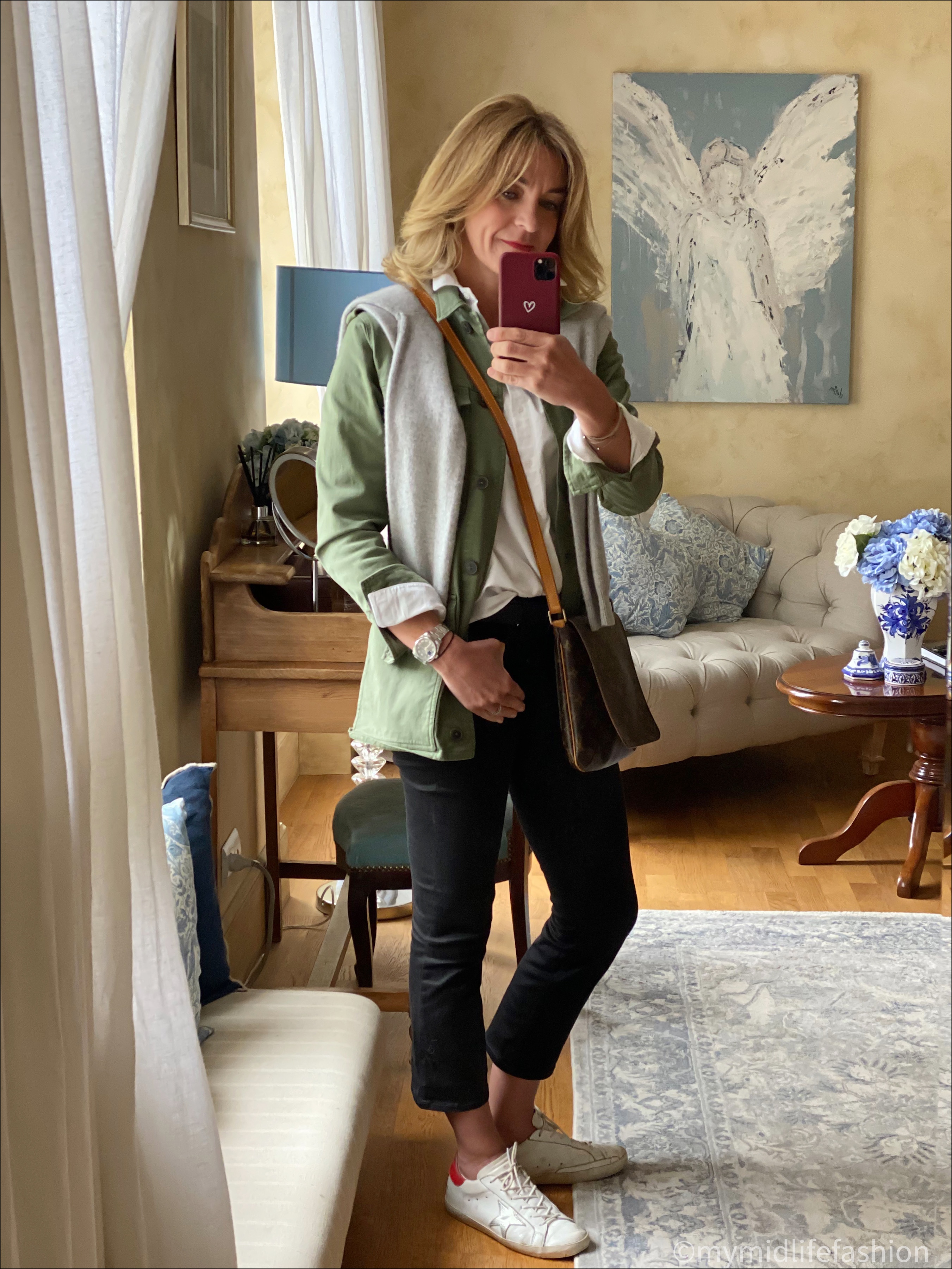 my midlife fashion, baukjen drake organic cotton shacket, marks and Spencer pure cashmere crew neck jumper, baukjen heather shirt, Louis Vuitton cross body bag, j crew cropped kick flare jeans, golden goose superstar low top leather trainers