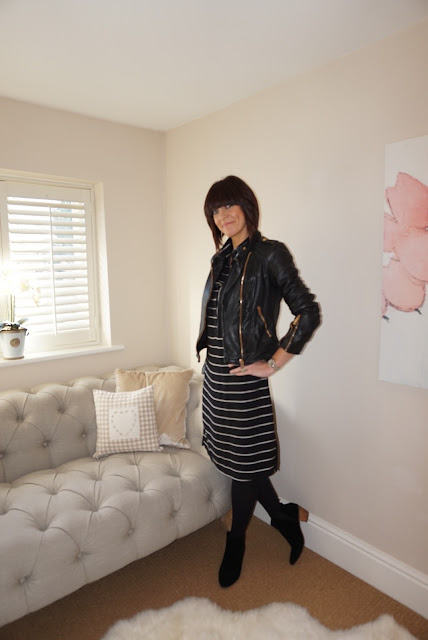 My Midlife fashion, Zara leather biker jacket, mango block heel ankle boots, marks and spencer autograph striped shirt dress 