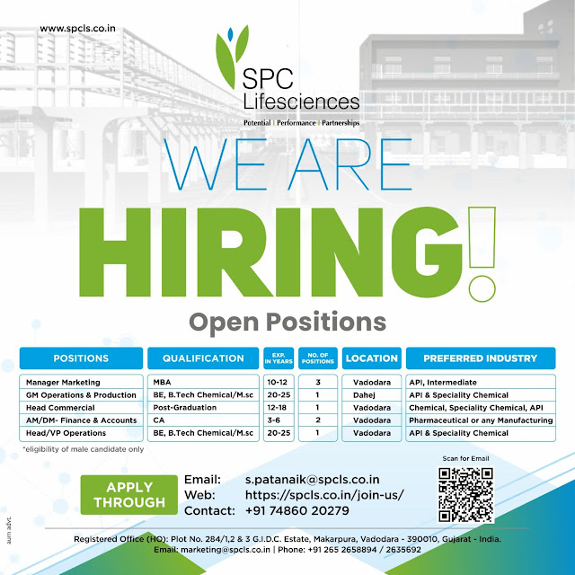 SPC Lifesciences GM Operations & Production/ Head Commercial/ Head/  VP Operations/ AM/ DM- Finance & Accounts