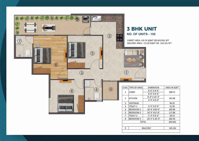 rof ambliss 78 3bhk Type-1 Floor Plan
