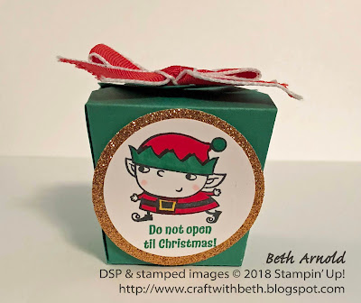 Craft with Beth: Stampin' Up! Signs of Santa stamp set Joyous Noel Glimmer Paper Circle Punches TakeOut Thinlits take out box Christmas thank you favor party favor don't do not open until til Christmas