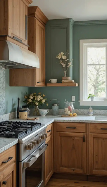 Pewter Green Kitchen Walls with Wood Cabinets: Natural Harmony