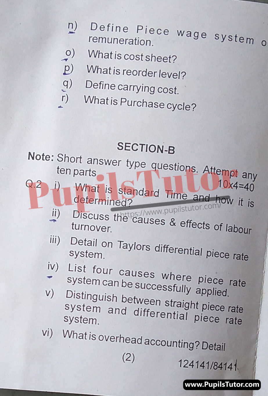 Haryana State Board of Technical Education (HSBTE) FAA (Finance Accounts And Auditing) Cost Accounting Fourth Semester Important Question Answer And Solution - www.pupilstutor.com (Paper Page Number 2)