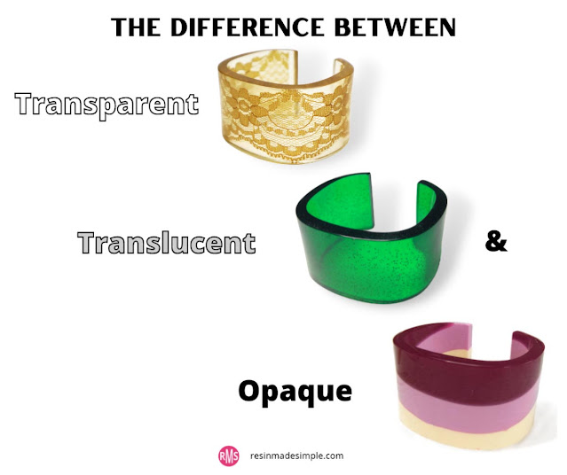 3 square resin cuffs with different levels of opacity: clear with lace embedded in it; translucent green; and opaque burgundy, pink and cream stripes