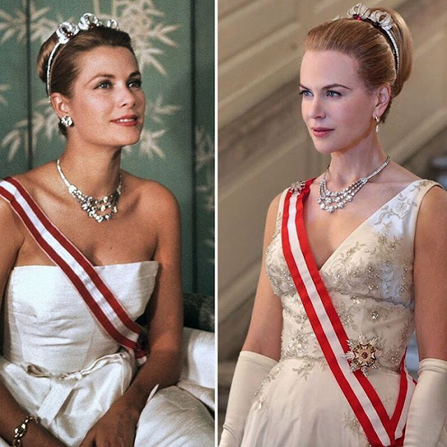 Filme Grace de Monaco, colar de Diamantes primeira foto Grace Kelly segunda foto Nicole Kidman, joia da Cartier