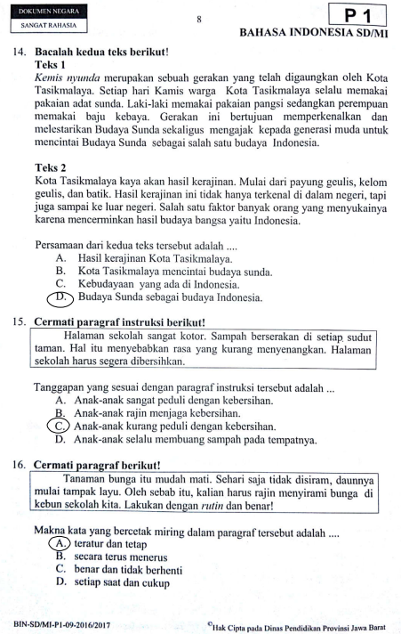 Latihan Soal dan Jawaban USBN Bahasa Indonesia SD 2019 