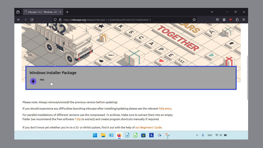 A blue rectangle surrounds the "Windows Installer Package" button at the bottom of the Inkscape website. The cursor clicks the "Windows Installer Package" button.
