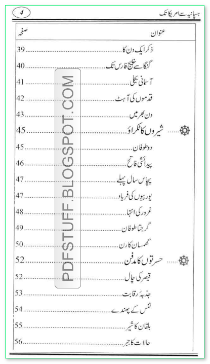 haspania se america tak Urdu book's contents