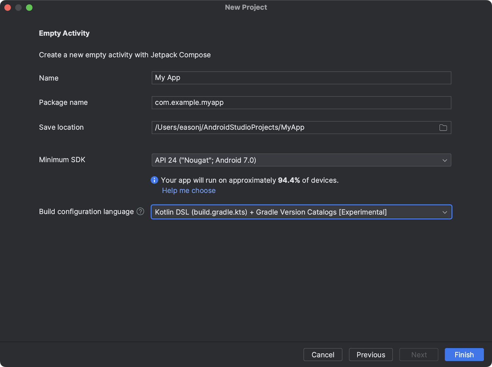 Screengrab yang menunjukkan Kotlin DSL dan Katalog Versi di Wizard Project Baru