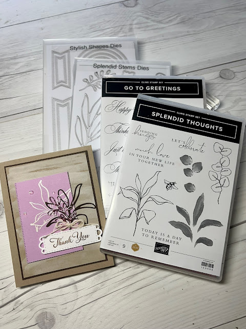 Stamps and Dies used to create a greeting card using Stampin' Up Splendid Day Suite