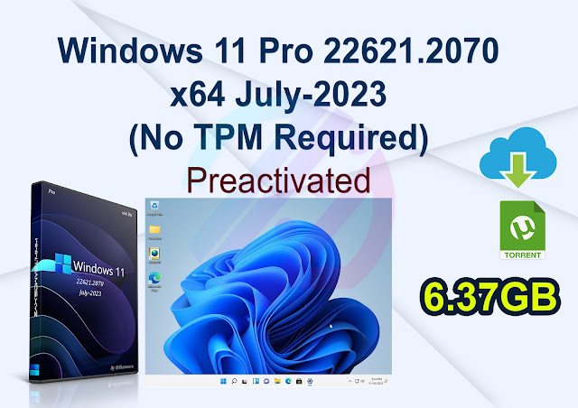 Windows 11 Pro 22621.2070 x64 July-2023 Pre-activated (No TPM Required)