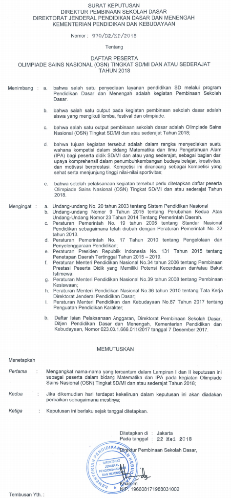 Daftar Juara / Pemenang OSN SD MI Tingkat Provinsi Tahun 2018