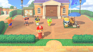 Henry singing at the central plaza with Pashmina and Ankha sitting next to him on the ground, wearing sunglasses