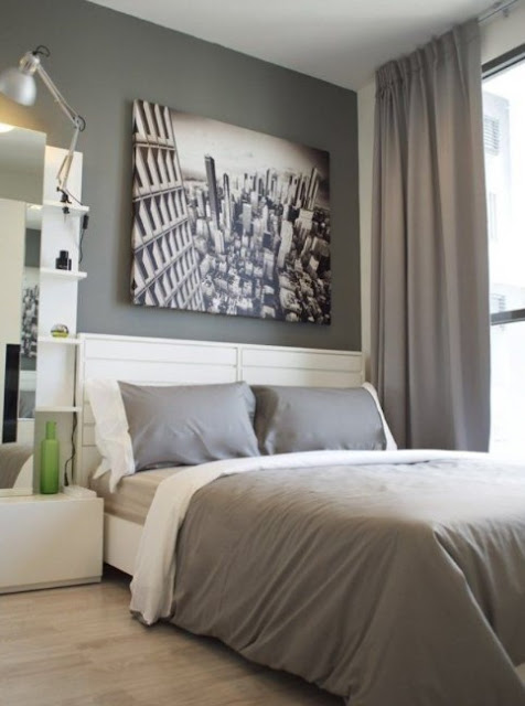 modern cozy grey and white bedroom