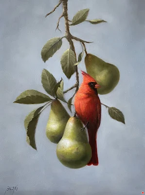 Red Cardinal With Pears painting Patt Baldino