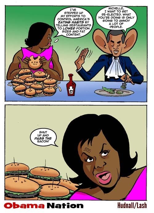 breitbart website calls michelle obama fat in political cartoon. This cartoon, hatefully