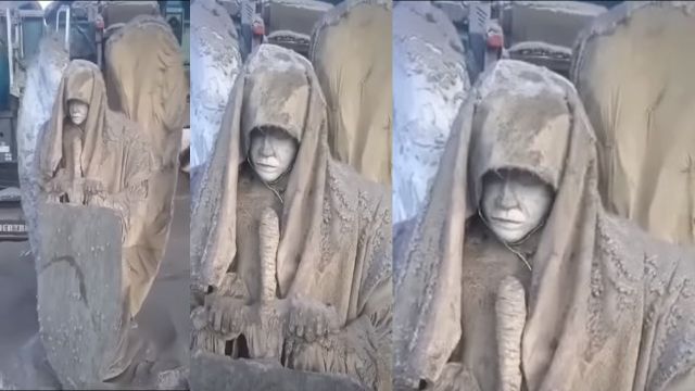 Miners in Siberia dug up a strange statue of an angel with shield and sword in the permafrost
