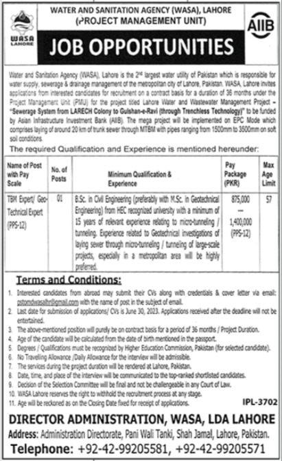 Water and Sanitation Agency WASA Management jobs in  Lahore
