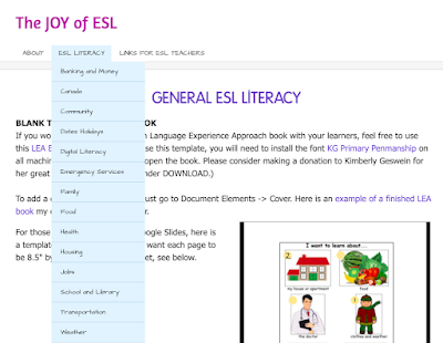 Screen shot of ESL Literacy menu item on www.kellymorrissey.com