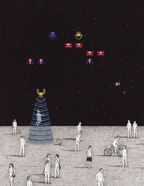 "Galaga" por Ben Tolman, 2014. | imagenes de arte cool, dibujos psicodelicos chidos imaginativos en blanco y negro, ilustraciones chistosas