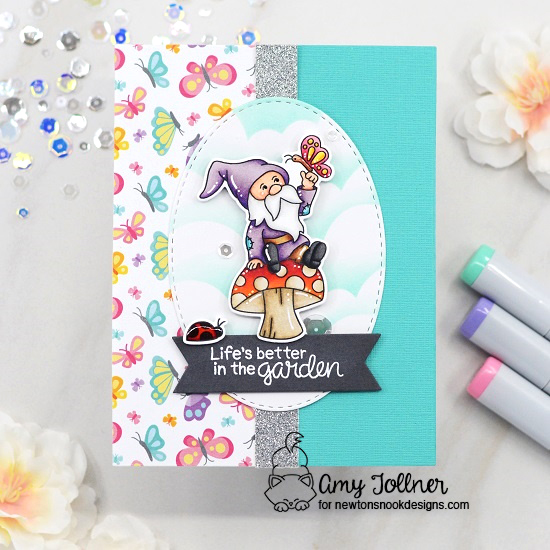 Life is better in the garden by Amy features Gnome Garden, Springtime, Oval Frames, and Frames & Flags by Newton's Nook Designs; #inkypaws, #newtonsnook, #gnomecards, #springcards, #cardmaking