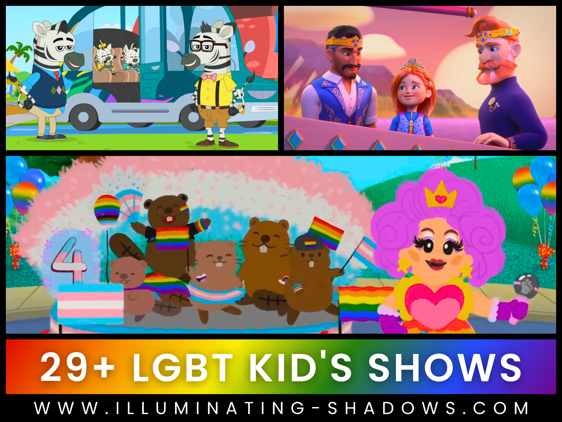 29+ LGBT Kid's Shows - Picture of LGBT characters from Blues Clues, Chip and Potato, and Princess Power