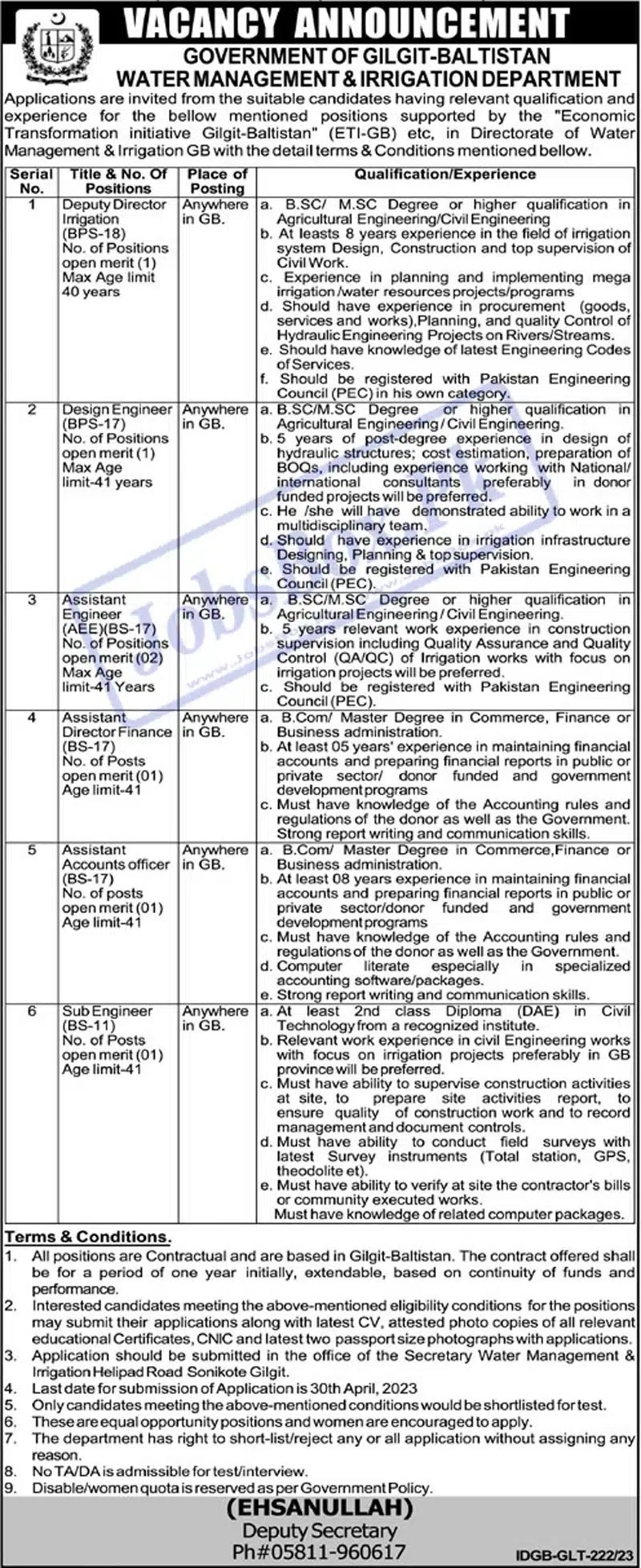 Water Management and Irrigation Department GB Jobs 2023 - Latest Advertisement