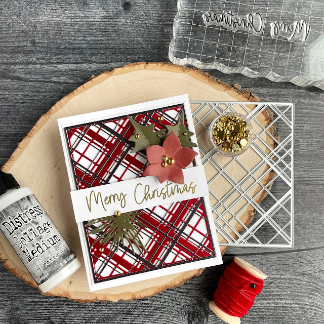 Plaid Christmas Card made with: Tim Holtz layered plaid and modern festive dies, metallic kraftstock, warms and cools kraft cardstock; Scrapbook.com celebration expressions stamp set, solar white cardstock; Ranger gold embossing powder; Pinkfresh gold pearls