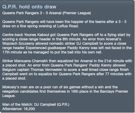 QPR - Arsenal, vital draw