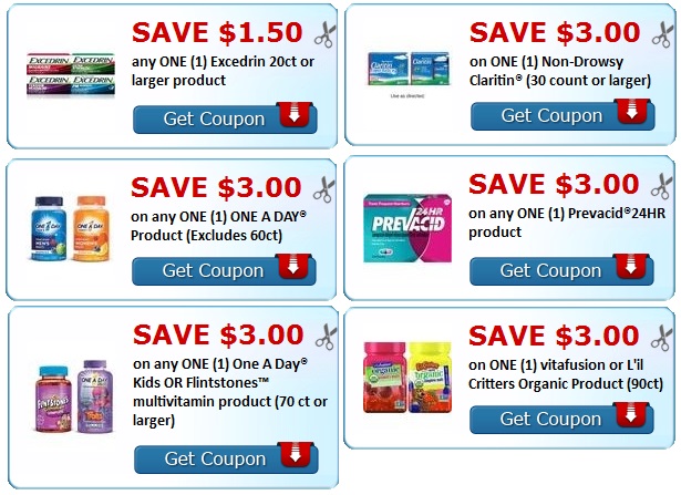 Print Excedrin, One a Day, Prevacid, Claritin Coupons