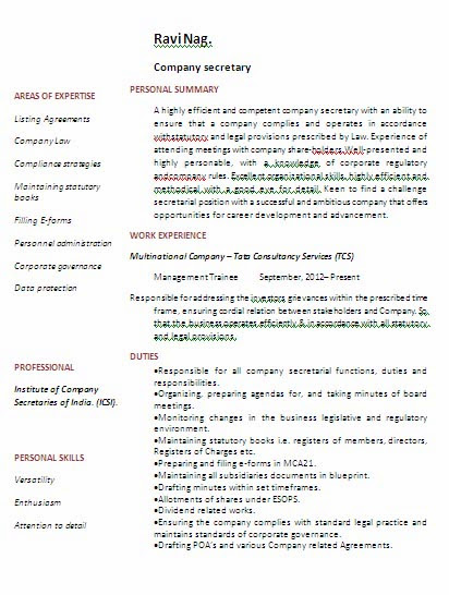 Resume For Company Secretary Job April 2021