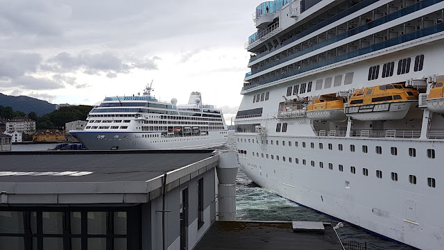 Cruise ship Costa Favolosa departs her berth in Bergen, Norway; Costa Cruises