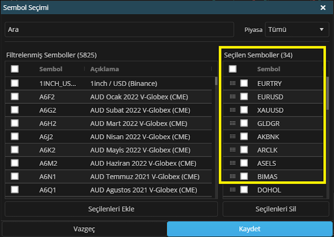 Matriks Web Trader Sembol Seçimi