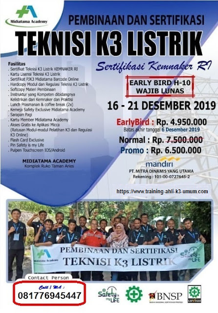 Teknisi K3 Listrik murah tgl. 16-21 Desember 2019 di Jakarta