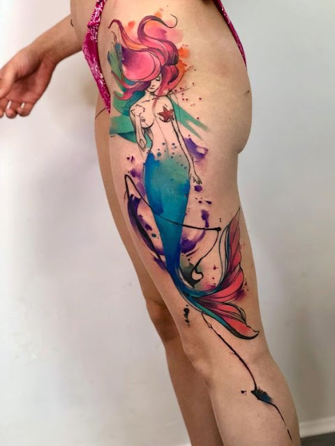 mermaid-watercolour-thigh-tattoo