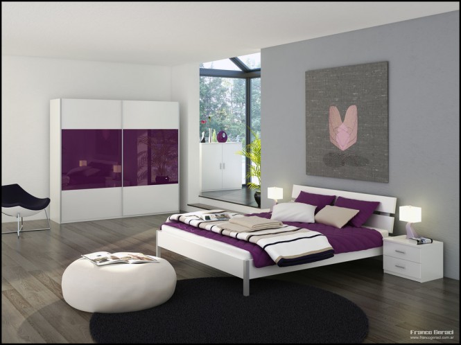  Purple  bedroom  decor  ideas with grey  wall and white accent 