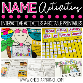 Practice alphabet recognition in context with editable name activities, including name crafts, name graphs, name poems, and name sorting mats!  We love the Chrysanthemum activities!